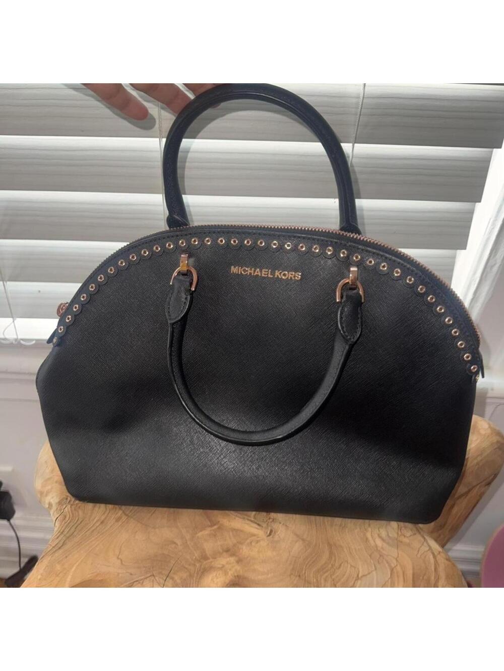 Michael Kors Emmy Large Dome Satchel in black studded Saffiano leather